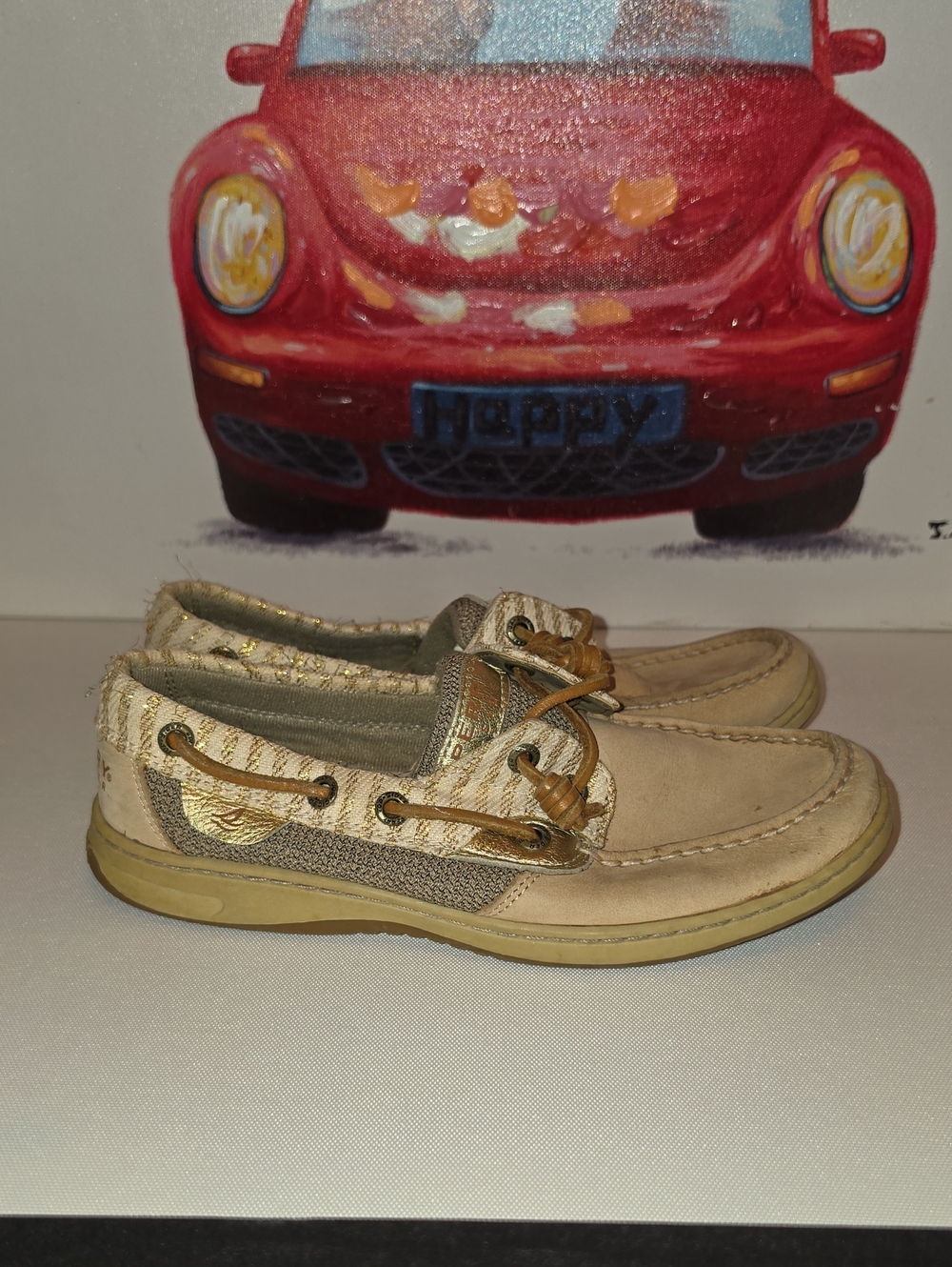 ☆ Sperry Topsider SlipOn Leather Loafer Deck Shoes Tan w Metallic Gold ☆ Sz 6 ☆